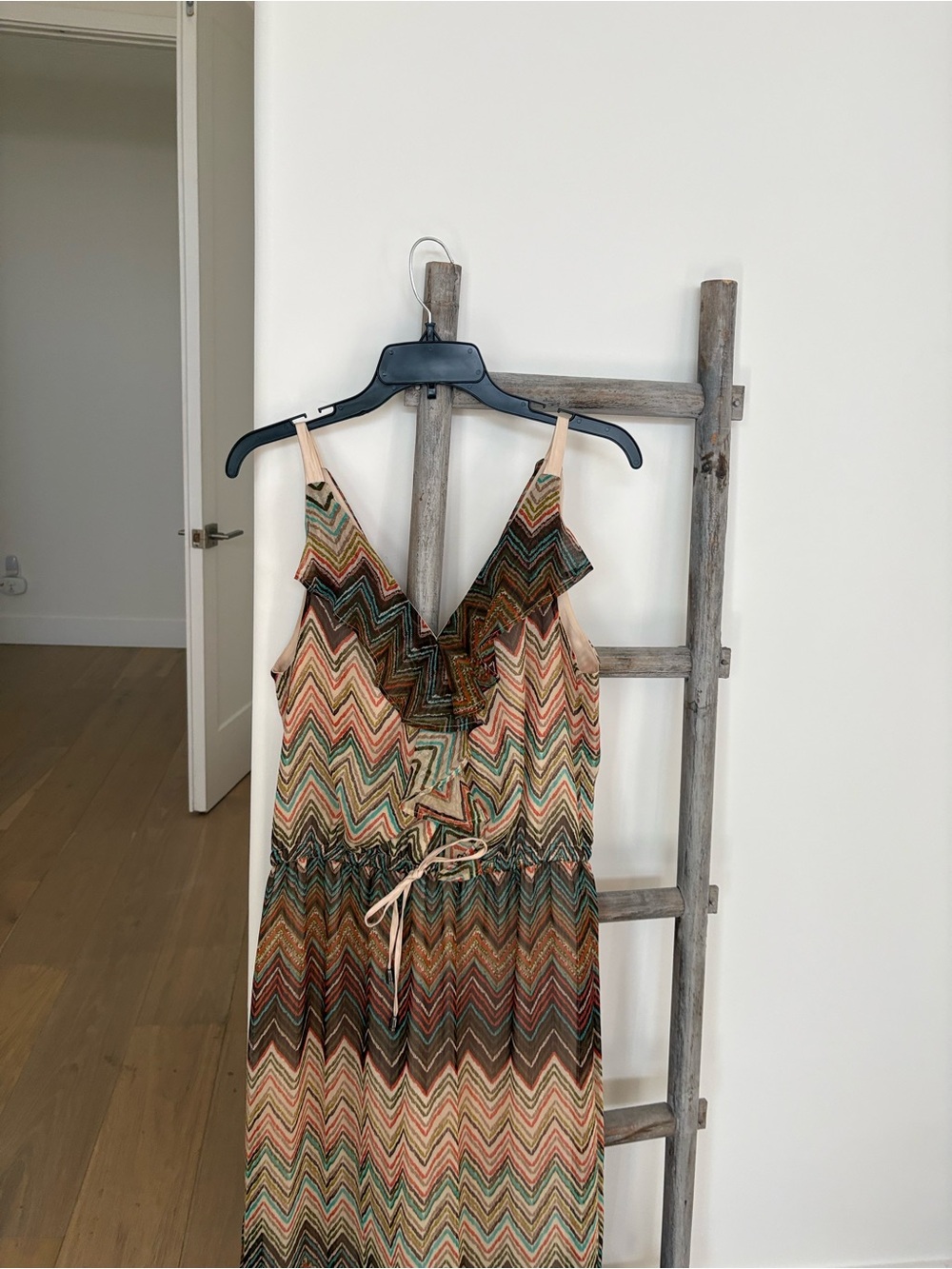Multi-Color Chevron Ruffle Maxi Dress with Drawstring Waist - Picture 5 of 8